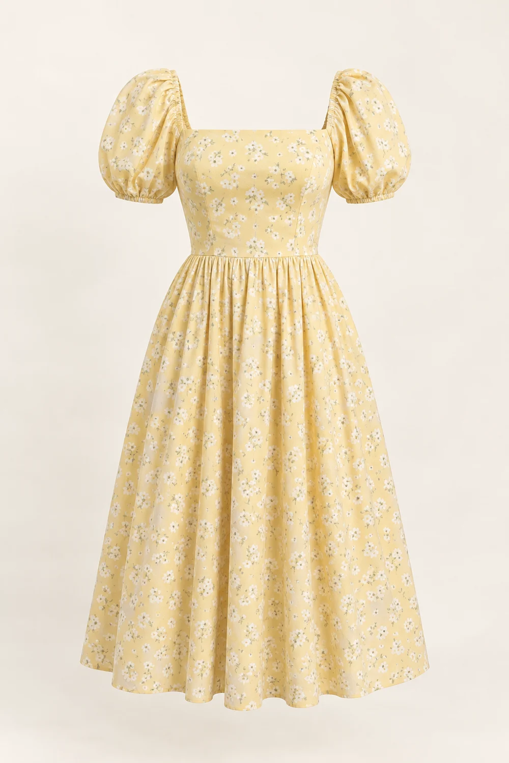 Colette Floral Dress, pale yellow cotton poplin with tiny white flowers, square neckline, short puff sleeves, fitted waist, midi