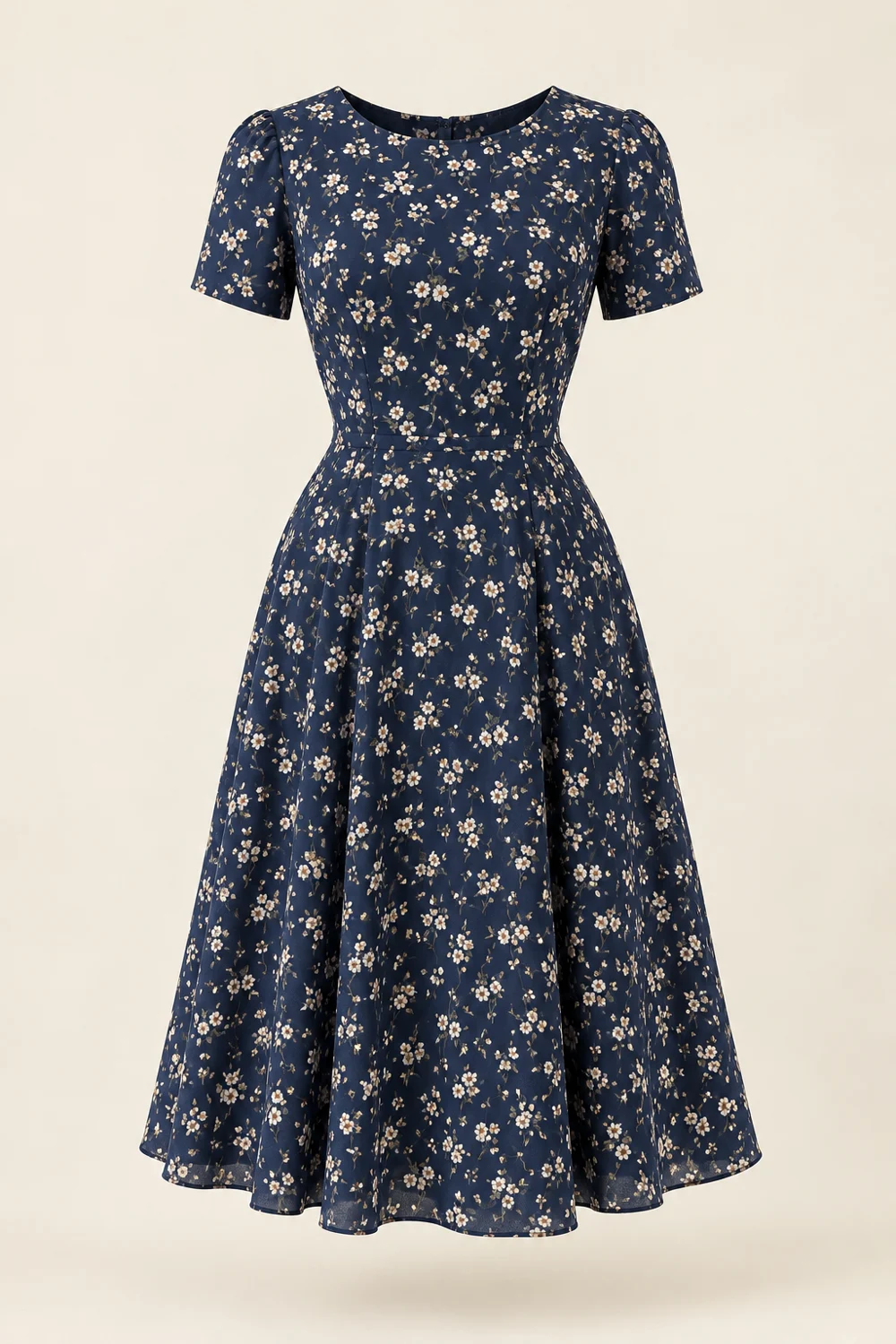 Élise Tea Dress, navy viscose with tiny cream flowers, round neckline, short sleeves, fitted waist, below knee
