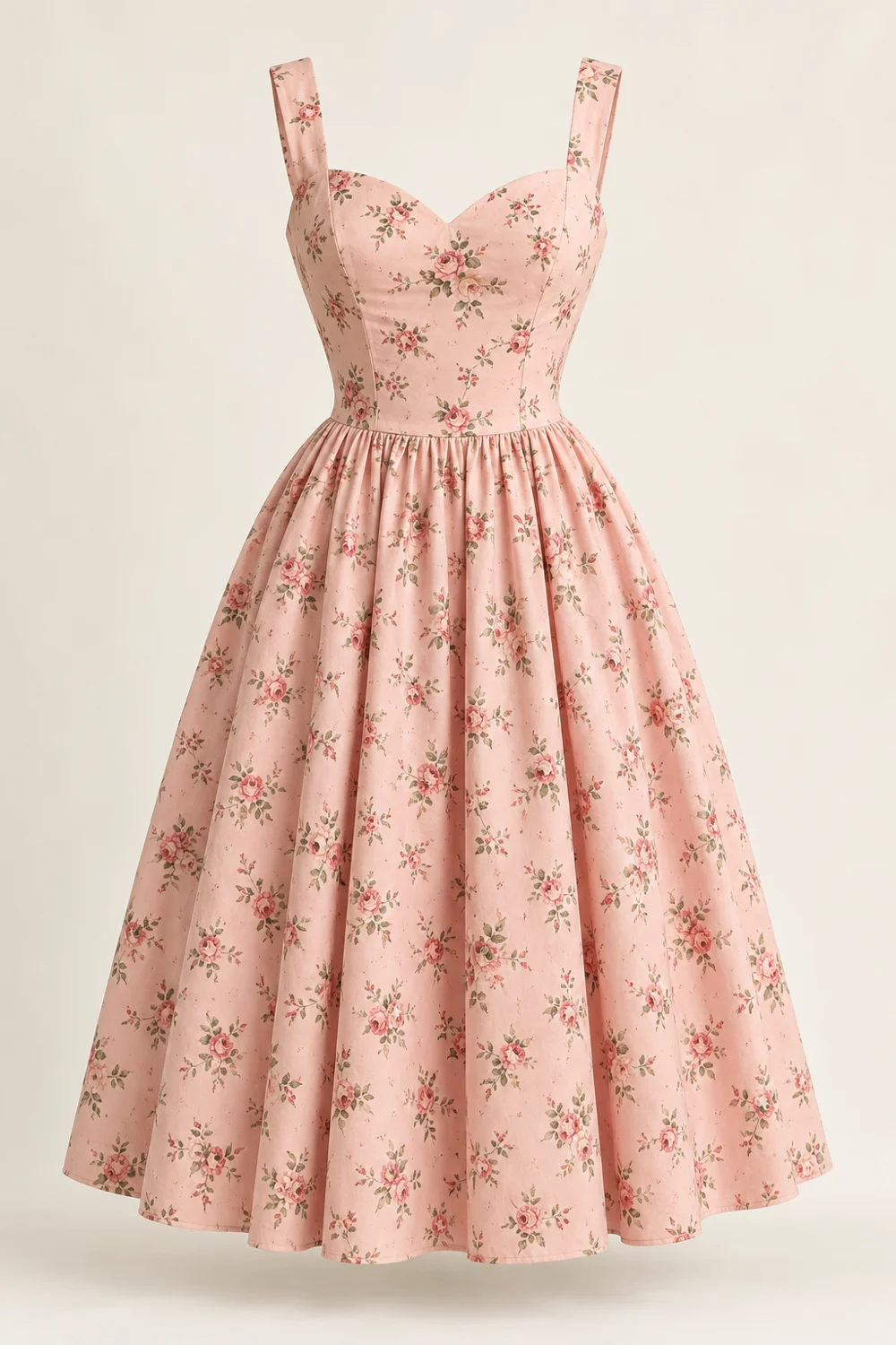 Fleur Garden Dress, peach pink cotton poplin with small rose floral sprigs, sweetheart neckline, wide straps, sleeveless, fitted waist, midi