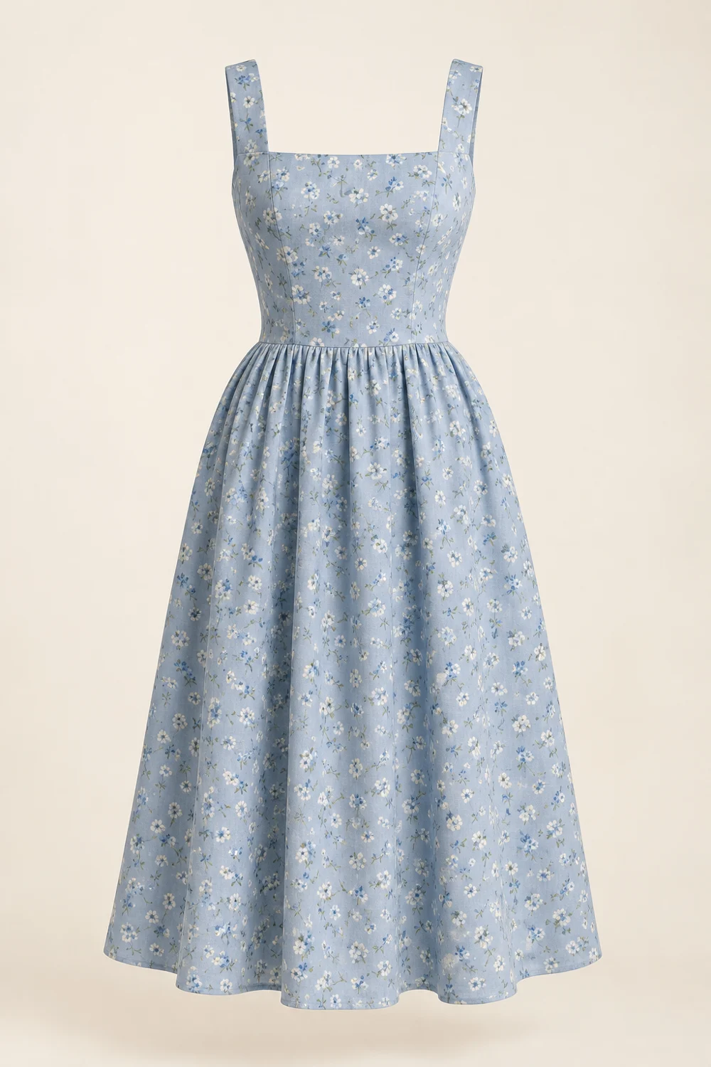 Inès Floral Dress, mist blue linen cotton with tiny blue white flowers, square neckline, sleeveless, fitted waist, midi