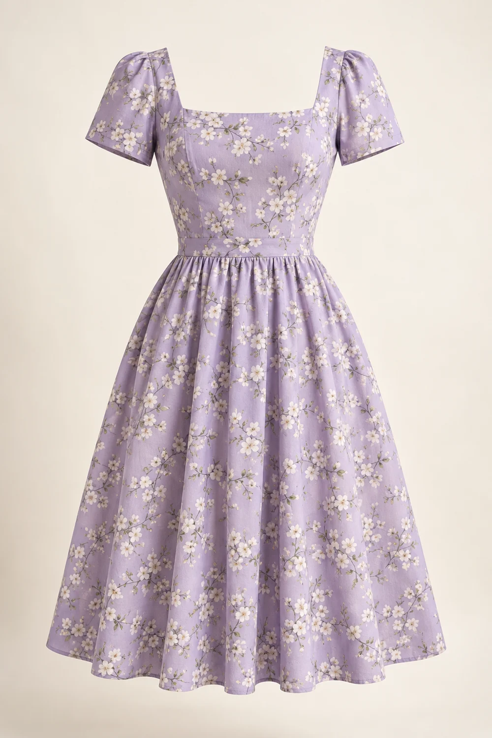 Manon Tea Dress, lilac cotton poplin with small white flowering branches, square neckline, short sleeves, fitted waist, below knee