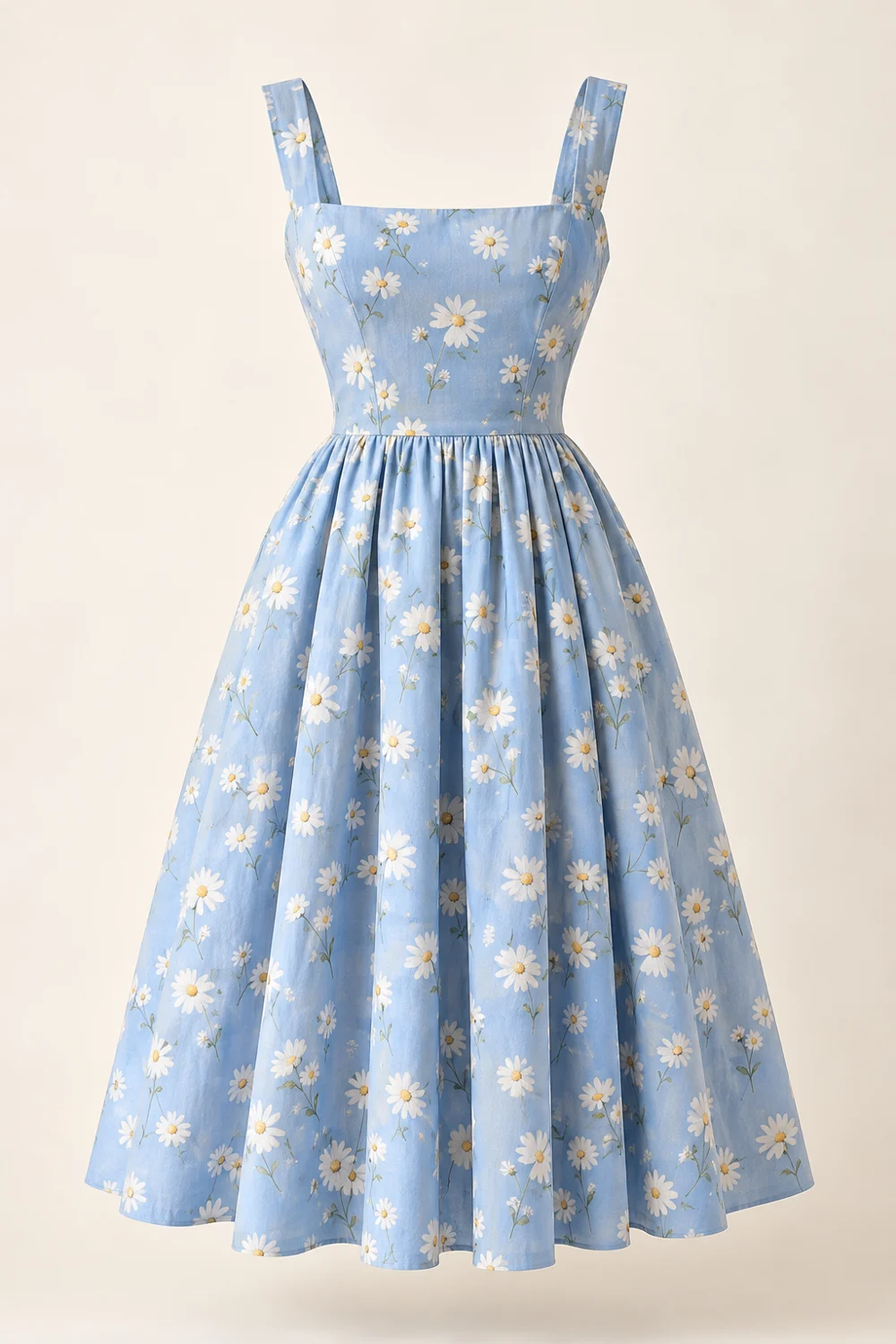 Margot Garden Dress, sky blue cotton poplin with white daisies, square neck, wide straps, sleeveless, fitted waist, midi