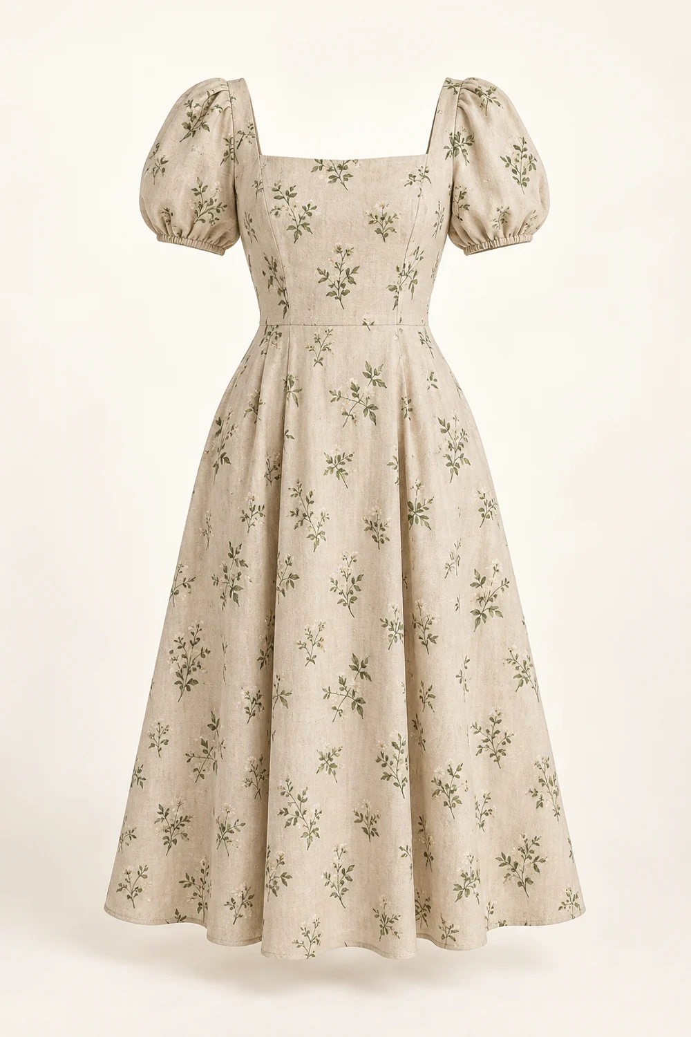 Odette Midi Dress, oatmeal linen cotton with small green botanical floral sprigs, square neckline, short puff sleeves, fitted waist, midi