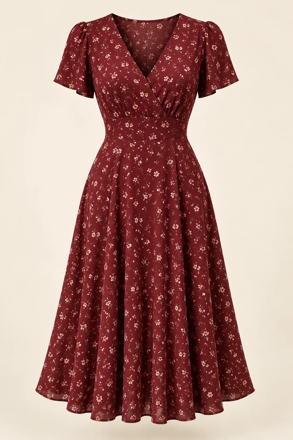 Pauline Tea Dress, burgundy viscose with tiny pale pink flowers, V neck, short sleeves, fitted waist, below knee