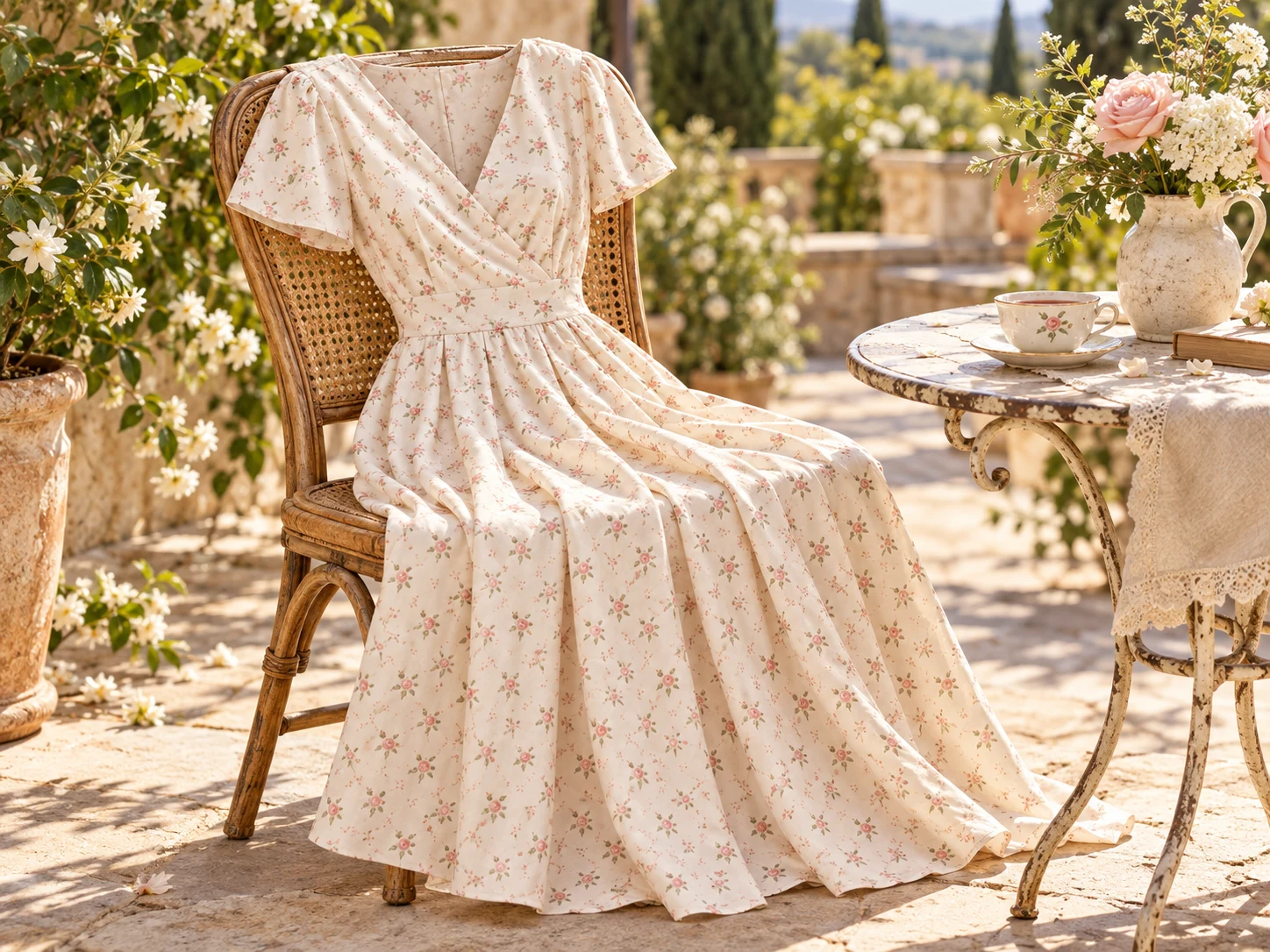 Floral dress fabric, a tea cup and flowers in an afternoon setting